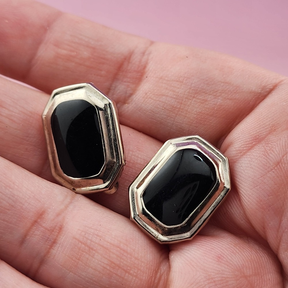 Black Cabochon Clip On Earrings Silver Tone Geometric Octagon Vintage Retro